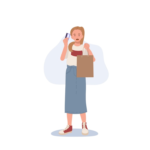 Концепция покупок женщина держит в руках кредитную карту и сумки для покупок Плоская векторная иллюстрация мультфильмов