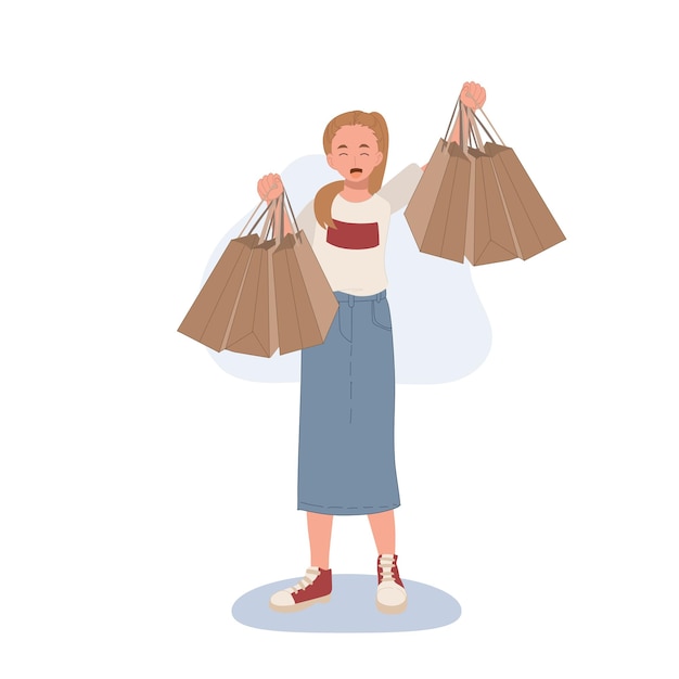 Shopping concept woman showing her shopping bags Flat cartoon vector illustration