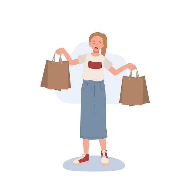 Vector shopping concept woman showing her shopping bags flat cartoon vector illustration