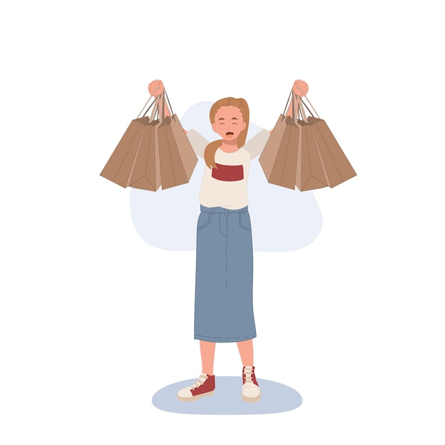 Shopping concept woman showing her shopping bags Flat cartoon vector illustration