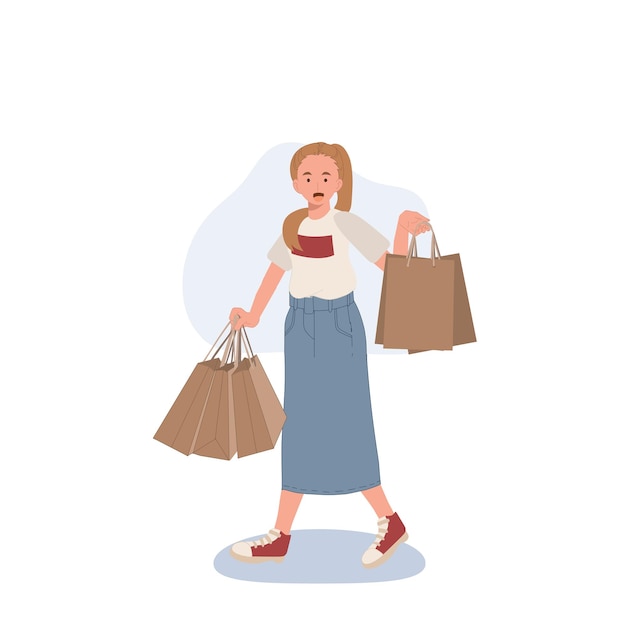 Shopping concept woman showing her shopping bags Flat cartoon vector illustration