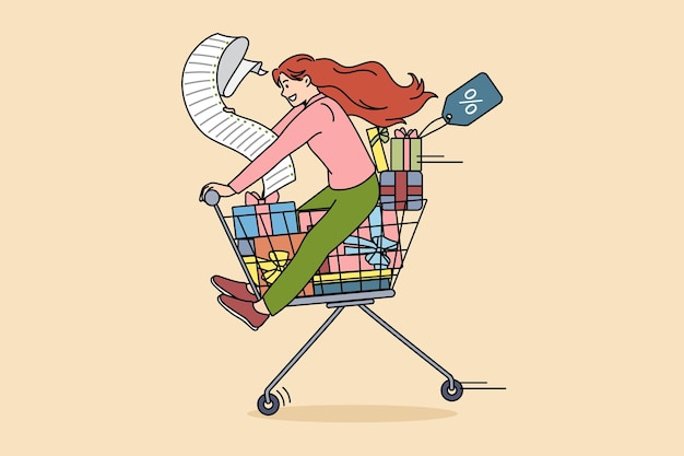 Shopping discounts and sales concept Happy young excited woman riding on trolley with shopping bag