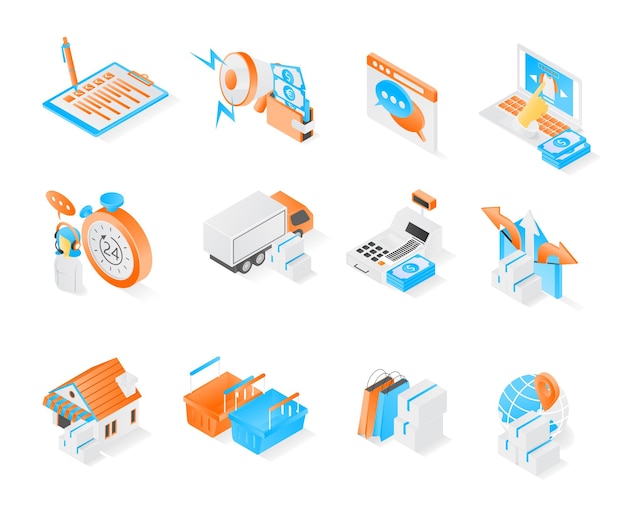 Shopping and ecommerce icon with isometric style bundle or sets premium vector modern