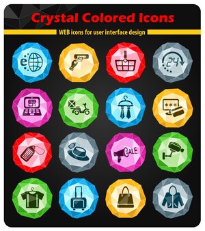 Icone di shopping ed e-commerce su cristalli di bottoni colorati