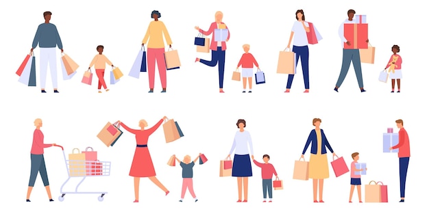 Vettore famiglie di acquisto. uomo, donna e bambino ripongono carrello, borse e scatole. personaggi shopper in vendita in vacanza. insieme di vettore di persone piatto consumatori. illustrazione della famiglia del fumetto che fa shopping, consumismo allegro