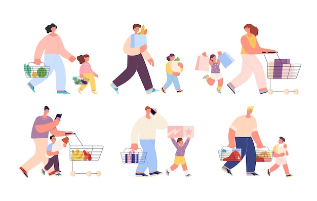 Shopping family Isolated people buy food shop or market customers Parents with children holding bags weekend shoppers utter vector characters