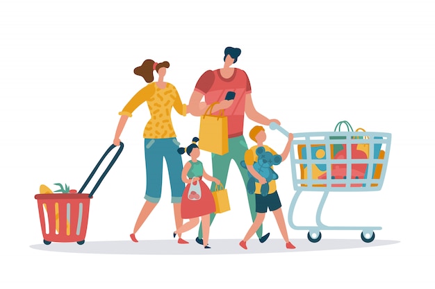 Shopping family. mom dad kids shop basket cart consume retail purchase store grocery mall supermarket cartoon shoppers