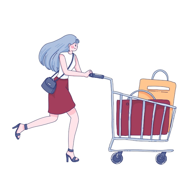 Illustrazione del fumetto del carattere della ragazza dello shopping.