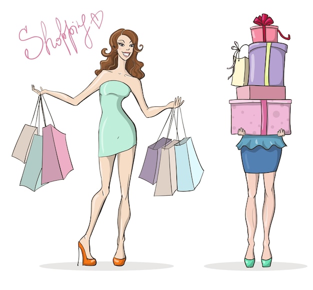 Vettore shopping ragazze moda vendita fumetto illustrazione vettoriale