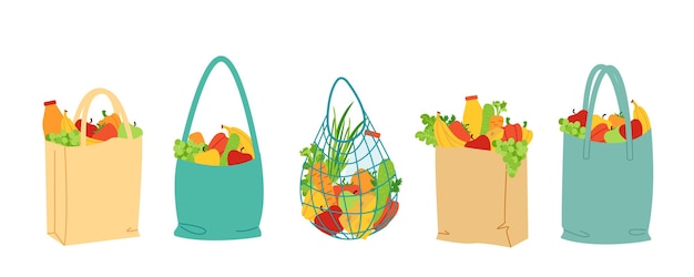 Vector shopping and grocery bags with fresh fruits and vegetables.