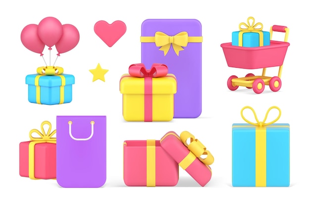 Shopping holiday sale discount present gift box order purchase set 3d icon realistic vector