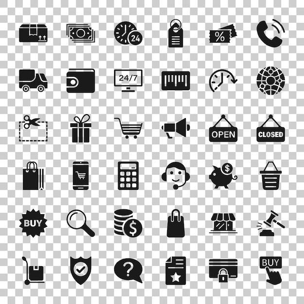 Shopping icon set in flat style Online commerce vector illustration on white isolated background Market store business concept