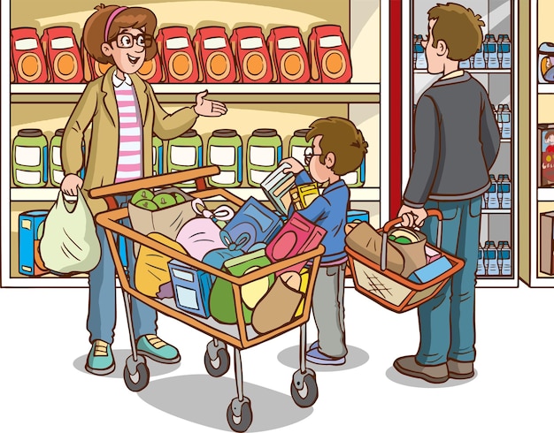 Vector shopping kids and family cartoon vector illustration