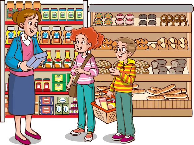 Shopping kids and family cartoon vector illustration