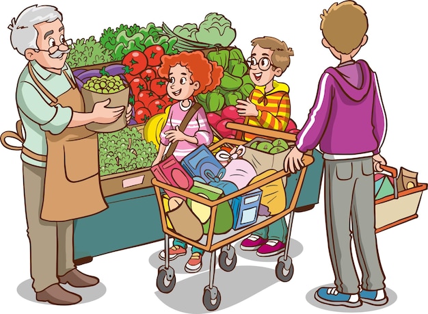 shopping kids and family cartoon vector illustration