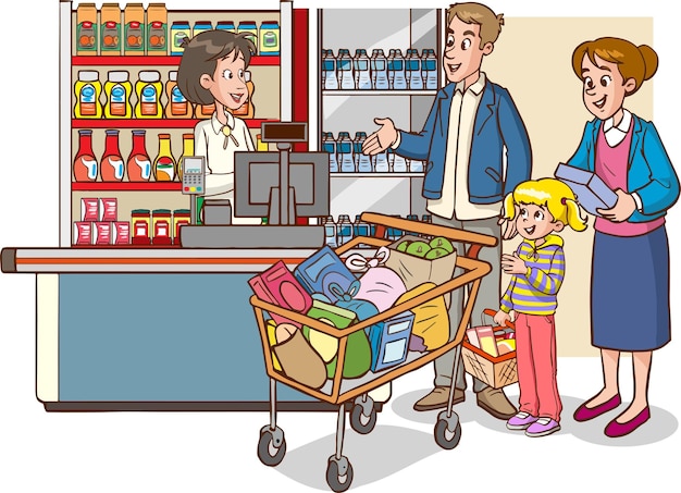 shopping kids and family cartoon vector illustration