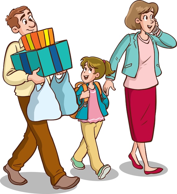 子供と家族の漫画のベクトル図をショッピング