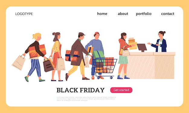 Shopping landing page Cartoon buyers with purchases standing in line at cashier Black Friday discount and special offers Website interface with buttons Sale advertising vector template