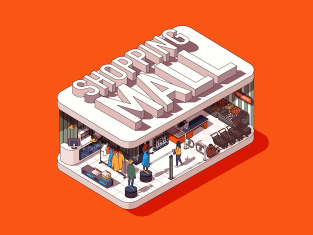 Концепция торгового центра в 3d изометрическом графическом дизайне Магазин с разными отделами, покупающими одежду в супермаркете Векторная иллюстрация с людьми в изометрическом интерьере комнаты для веб-баннера