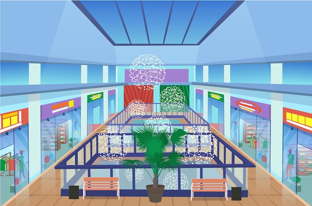 Shopping Mall Interior with plants and benches, modern boutiques in mall