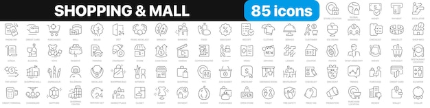 Shopping and mall line icons collection Shopping store purchase marketing delivery icons UI icon set Thin outline icons pack Vector illustration EPS10