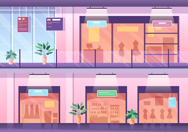 Торговый центр Современная фоновая иллюстрация с интерьером внутри и различными розничными магазинами