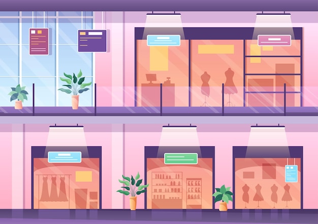 Shopping mall modern background illustration with interior inside and various retail store