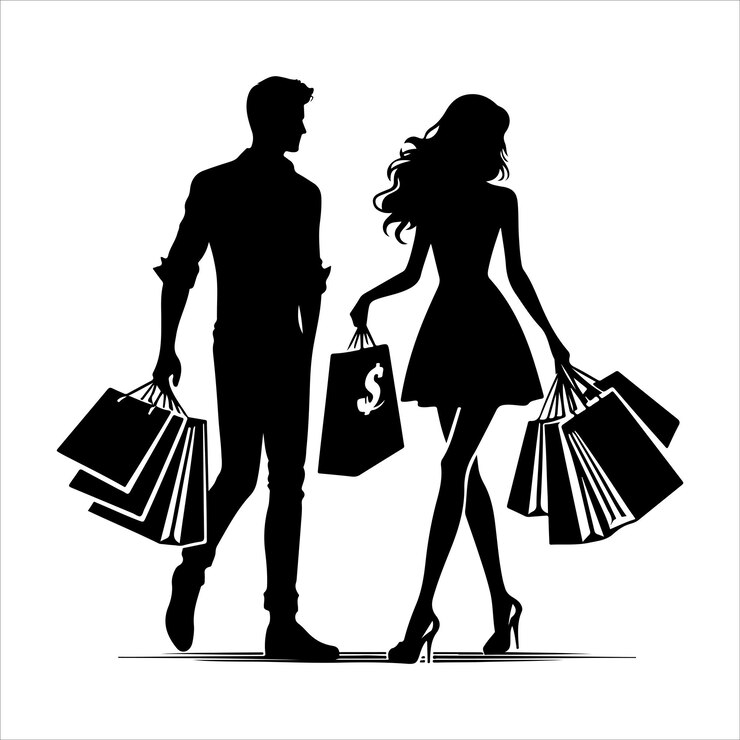 The shopping man and woman vector silhouette is black and isolated on a white background