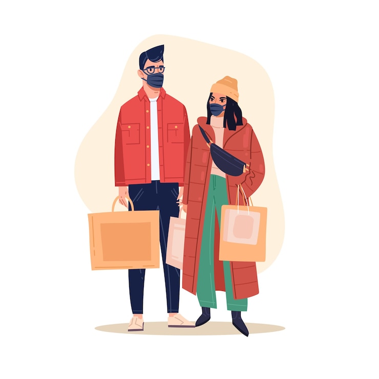 Vector shopping in mask couple in store making purchases in medical masks