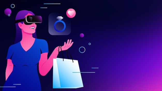 Vector shopping in metaverse woman in vr goggles buying stuff illustration