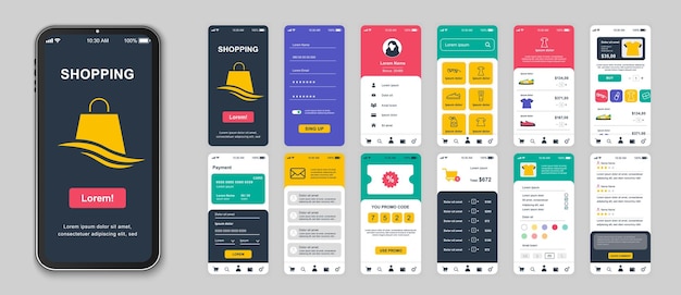 Vector shopping mobile app screens set for web templates pack of login assortment goods prices online ordering shop rating and other mockups ui ux gui user interface kit for layouts vector design