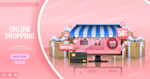 Shopping Online design concept with laptop and gifts