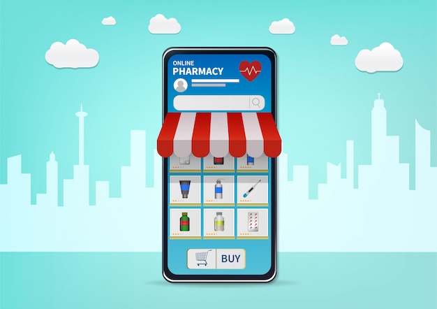 Vector shopping online pharmacy on website or mobile application.