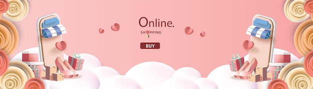 shopping online on smartphone and new buy sale promotion pink backgroud for banner market ecommerce