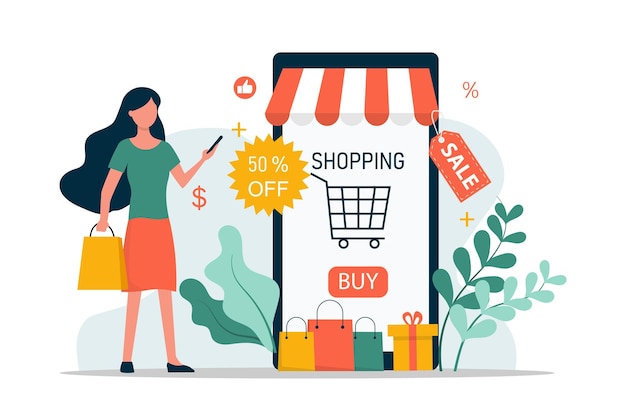 Shopping online on smartphone with sale element background Woman customers buying goods in online.