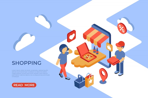 Shopping online store isometric landing page with happy customers