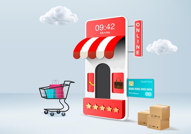 Shopping negozio online in vendita, mobile e-commerce 3d blu. carrello della spesa, carta di credito. dispositivo online minimale del negozio 3d reso