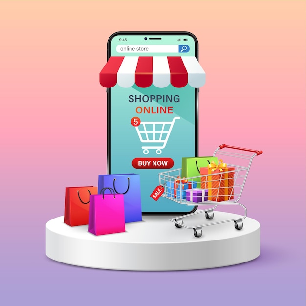 Acquisti nel negozio online tramite telefono cellulare e borse carrello della spesa scatole regalo in piedi sul podio