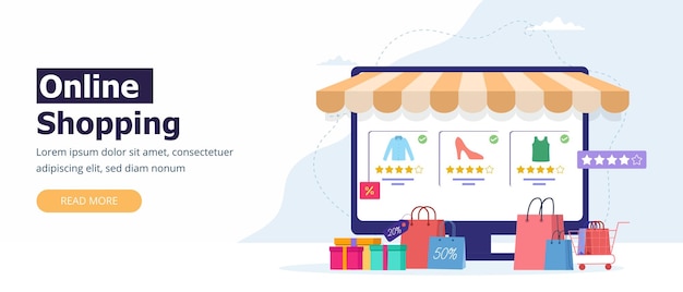 Shopping online on website application ordering on computer screen horizontal banner for web page