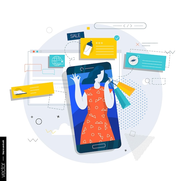 ウェブサイトまたはモバイル アプリケーションでのオンライン ショッピング。クリエイティブコンセプトのイラスト、ランディングページ。