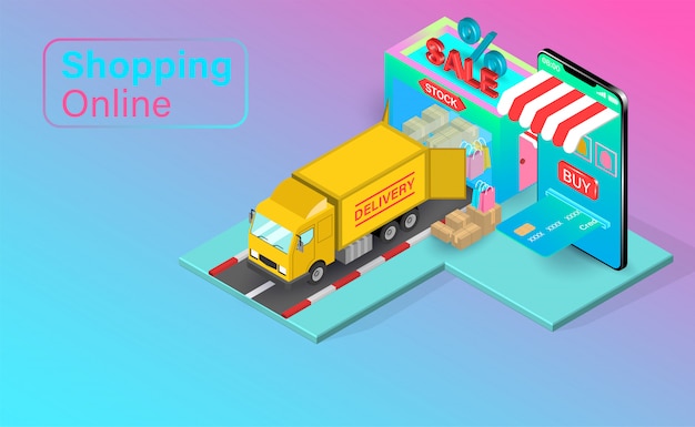 Vector shopping online on website or mobile application with credit cart. shopping cart with fast delivery by truck. isometric flat   design