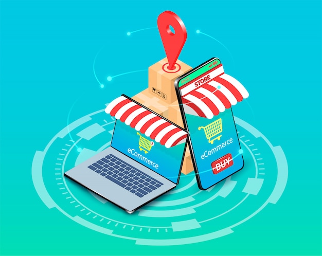 Vector shopping online with e-commerce system on smartphone and computer laptop. isometric flat design