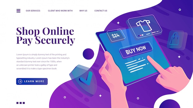 Shopping online con tablet telefono e landing page di pagamento di sicurezza