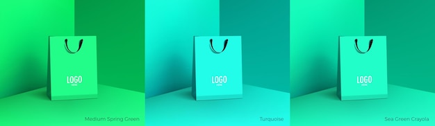 Shopping paper bag Mockup set of realistic shopping bag for branding and corporate identity design Paper packaging template For promotion discount sale concept 3D vector isolated illustration