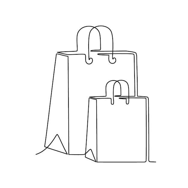 Shopping bag di carta con manico modello linea continua disegno artistico confezione di carta artigianale per articoli da regalo confezione di vendita al dettaglio consegna da asporto schizzo lineare nero singola una linea vettore