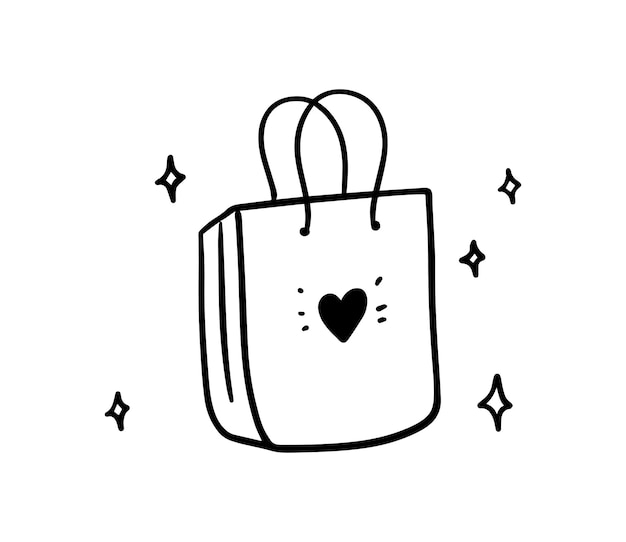 Shopping paper bag with heart doodle linear cartoon coloring book