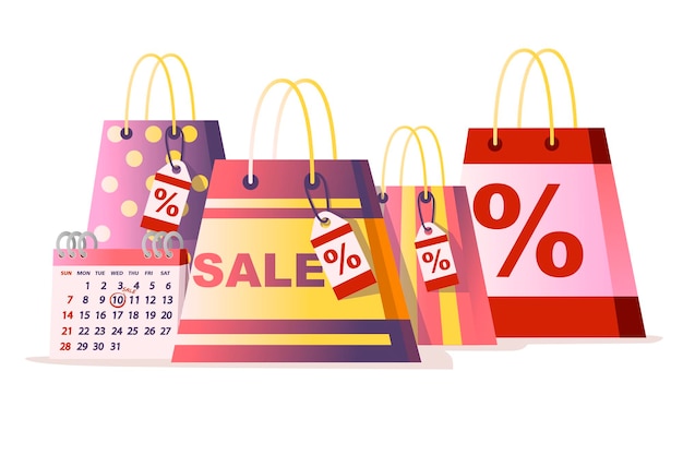 Shopping paper bags with sale tag % flat vector illustration isolated on white background.