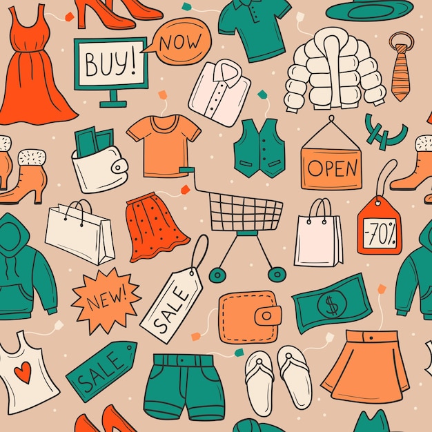 Shopping pattern seamless background with market symbols gadgets market packages recent vector templates in doodle style