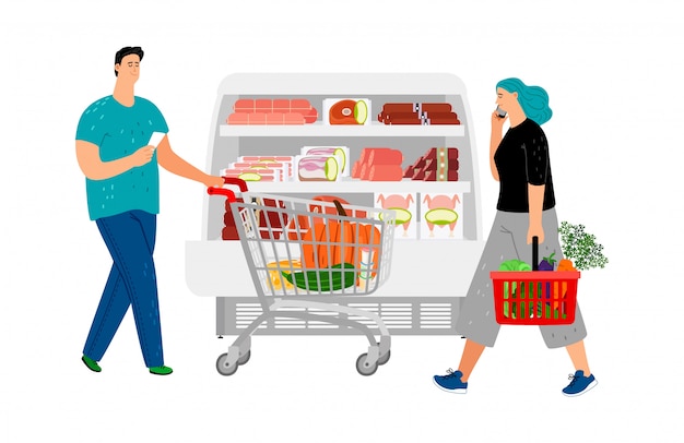 Vettore persone dello shopping. uomo con carrello, ragazza con cesto di mercato. illustrazione vettoriale di negozio di alimentari