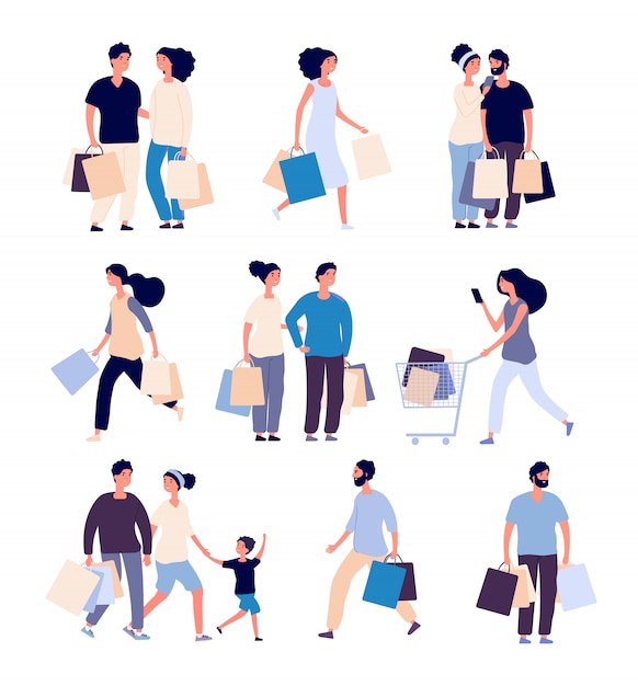 Vector shopping people set. man and woman with shopping card buying product in grocery store.  shopper cartoon  characters set